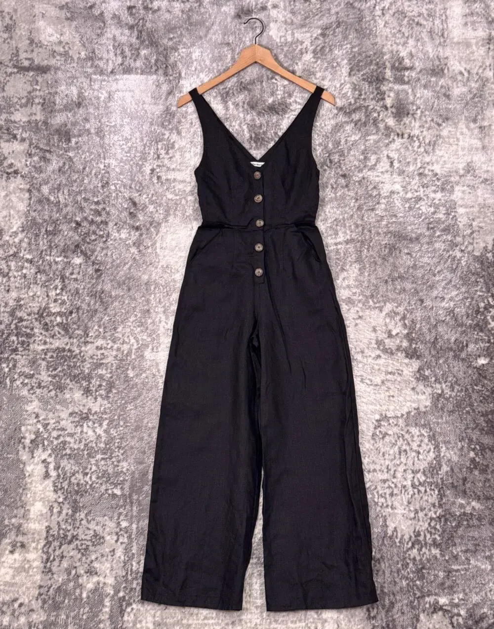 Reformation Jumpsuit 0 Womens Black 100% Linen Button Front Sleeveless Wide Leg